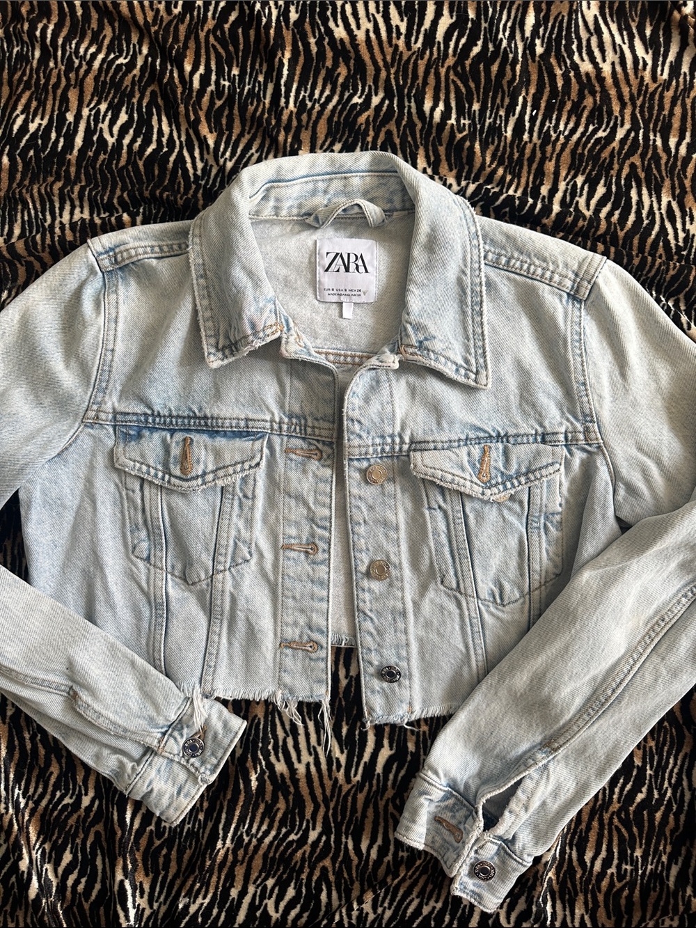 ZARA Light Wash Cropped Denim Jacket - Pale Blue